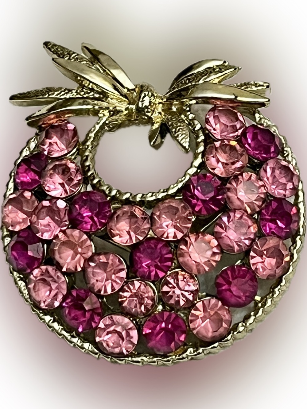 Vintage Gold Pink Rhinestone Peach Fruit Wreath Brooch Convertible Pendant Pin